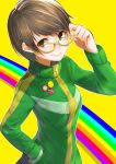  1girl adjusting_glasses badge brown_eyes brown_hair bust button_badge glasses hand_in_pocket looking_at_viewer nekomanma_(chipstar182) persona persona_4 rainbow_background satonaka_chie short_hair smile smiley_face solo track_jacket yellow-framed_glasses 