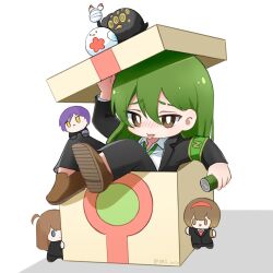  2boys 2girls :&lt; :d :p ahoge arm_up armband big_bird_(project_moon) black_pants black_suit blue_eyes blush box brown_eyes brown_hair brown_shoes can chibi dress_shirt drunk enkephalin_(project_moon) eyebrow_cut green_armband green_hair green_necktie hairband highres hod_(project_moon) holding holding_can in_box in_container judgement_bird lapels lobotomy_corporation long_hair looking_at_viewer malkuth_(project_moon) mini_person miniboy minigirl multiple_boys multiple_girls necktie netzach_(project_moon) ori_oriio pants project_moon punishing_bird raised_inner_eyebrows reclining red_necktie shirt shoes simple_background sitting sitting_on_another&#039;s_knee smile suit tongue tongue_out white_background white_shirt yellow_eyes yesod_(project_moon) 