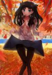  1girl black_hair blue_eyes breasts brown_hair cleavage fate/stay_night fate_(series) highres kimgsr long_hair mouth_hold open_clothes open_shirt ribbon skirt_hold solo thigh-highs tohsaka_rin toosaka_rin two_side_up 