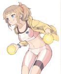  1girl :q bike_shorts blue_eyes brown_hair gundam gundam_build_fighters gundam_build_fighters_try hoshino_fumina jacket konnyaku_(kk-monmon) licking_lips midriff navel ponytail scrunchie simple_background smile solo sports_bra tongue tongue_out white_background 