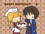  2boys :&lt; ^_^ animal_on_head armband blonde_hair brown_hair cake cat cat_on_head chibi closed_eyes coat cravat diana_(umineko) food hand_behind_head happy_birthday kashiwa_kiseri multiple_boys ponytail umineko_no_naku_koro_ni ushiromiya_lion willard_h_wright 