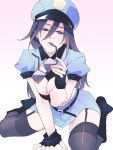  1girl alternate_costume arm_support black_hair blue_clothes blue_eyes blue_skirt breasts caitlyn_(league_of_legends) cleavage cropped_jacket garter_straps glasses_in_mouth hat l102016695 large_breasts league_of_legends leaning_forward long_hair looking_at_viewer midriff miniskirt mouth_hold pleated_skirt police police_hat police_uniform policewoman puffy_short_sleeves puffy_sleeves short_sleeves skirt solo thigh-highs uniform 