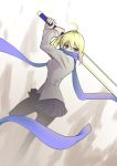  absurdres ahoge blonde_hair excalibur fate/stay_night fate_(series) green_eyes highres jacket pantyhose saber scarf solo sword thec weapon 