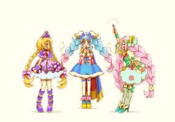 3girls :d :o ^_^ aqua_skirt arm_up blonde_hair blue_dress blue_hair blue_skirt bow bracelet braid brooch bubble_skirt butterfly_hair_ornament capelet closed_eyes colored_shoe_soles cure_felice cure_friendy cure_sky deerstalker detached_sleeves dress fingerless_gloves flower full_body gloves hair_bow hair_flower hair_ornament hairband hanami_kotoha hat heart heart_brooch heart_print high_heels hirogaru_sky!_precure holding holding_wand in-franchise_crossover inukai_iroha jewelry juliet_sleeves leg_ribbon long_sleeves looking_at_another low_twin_braids magic magical_girl mahou_girls_precure! multicolored_hair multiple_girls pink_hair pleated_dress precure puffy_short_sleeves puffy_sleeves purple_capelet purple_dress ribbon shoes short_sleeves simple_background skirt skirt_under_dress sleeveless sleeveless_dress smile sora_harewataru standing thigh-highs twin_braids twintails wand white_background white_gloves white_thighhighs wing_hair_ornament wonderful_precure! wrist_cuffs yuu13