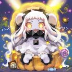  1girl barefoot candy chibi dress halloween horns kantai_collection lollipop long_hair looking_at_viewer mittens northern_ocean_hime pecorin shinkaisei-kan sitting translation_request white_dress white_hair white_skin yellow_eyes 