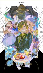  4boys aged_down black_suit blonde_hair braided_mustache carne child commentary_request curly_eyebrows dated earrings facial_hair fish goatee hair_over_one_eye jewelry knife male_focus multiple_boys mustache one_piece patty_(one_piece) plate red-leg_zeff sanji_(one_piece) senzzang smile sparkle suit twitter_username 