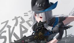  1girl aqua_hat arknights ascot black_gloves black_hat breasts character_name from_above gloves grey_ascot grey_hair grey_shirt hair_between_eyes hat highres holding holding_sword holding_weapon long_hair low-tied_long_hair medium_breasts mizoshi-x parted_lips pointy_hat red_eyes shirt simple_background skadi_(arknights) solo sword upper_body very_long_hair watch watch weapon white_background 