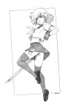  1girl ass fingerless_gloves full_body gloves graphite_(medium) greyscale harumachi_nagaaki headband highres loafers midriff monochrome no_panties open_mouth original school_uniform serafuku shoes skirt solo sword thigh-highs traditional_media weapon 