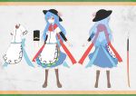  1girl blue_hair boots bow character_sheet flower hat hat_flower highres hinanawi_tenshi judo_fuu long_hair red_eyes scarf smile solo sword_of_hisou touhou turnaround weapon 