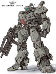  absurdres assault_visor beam_rifle char's_counterattack character_name clenched_hand commentary_request energy_gun full_body green_visor gun gundam highres holding holding_gun holding_weapon jegan looking_to_the_side mecha mecha_focus mobile_suit no_humans robot science_fiction shisaton. solo standing vehicle_name weapon white_background 