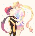  1boy 1girl :d baseball_cap bishoujo_senshi_sailor_moon black_hair blonde_hair casual double_bun earrings hat holding jewelry katou_sami lifting long_hair looking_at_another open_mouth ponytail profile puffy_short_sleeves puffy_sleeves seiya_kou short_shorts short_sleeves shorts side smile t-shirt tsukino_usagi turtleneck twintails very_long_hair 