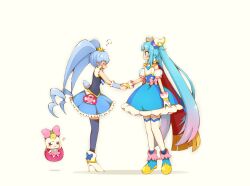  2girls ankle_boots arm_warmers black_thighhighs black_vest blue_eyes blue_hair blue_skirt blush boots bow brooch cure_princess cure_sky detached_sleeves fairy fingerless_gloves flat_chest frilled_skirt frills full_body gloves gradient_hair hair_bow hair_ornament handshake happinesscharge_precure! heart heart_brooch high_heel_boots high_heels highres hirogaru_sky!_precure in-franchise_crossover jewelry long_hair looking_at_another magical_girl multicolored_hair multiple_girls o_o pink_hair pleated_skirt precure puff_of_air puffy_short_sleeves puffy_sleeves ribbon_(happinesscharge_precure!) shirayuki_hime shirt short_sleeves simple_background skirt sora_harewataru standing thigh-highs twintails two-tone_hair underbust very_long_hair vest white_background white_boots white_gloves white_shirt white_thighhighs wing_hair_ornament yuu13 