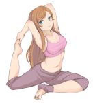  1girl arms_up blue_eyes blush breasts brown_hair cleavage gundam gundam_build_fighters gundam_build_fighters_try kamiki_mirai konnyaku_(kk-monmon) large_breasts looking_at_viewer midriff navel simple_background sketch smile solo sports_bra stretch white_background 