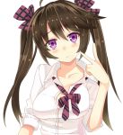  1girl :&lt; ashu black_hair breasts bust collared_shirt hair_ribbon head_tilt himekaidou_hatate large_breasts looking_at_viewer necktie ribbon shirt simple_background solo touhou twintails two_side_up v violet_eyes white_background white_shirt 