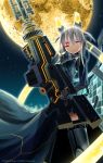  absurdres armored_boots cape cosmic_break gauntlets glowing glowing_eye grey_hair gun headgear highres looking_at_viewer moon morizo_cs night night_sky official_art red_eyes rifle sky sniper sniper_rifle tattoo weapon 