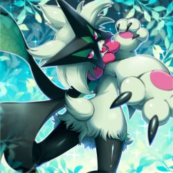  1other animal_ears animal_hands animal_nose arm_up black_fur blurry body_fur claws commentary depth_of_field foreshortening from_behind furry green_fur green_hair hand_up happy head_tilt highres looking_at_viewer looking_back meowscarada misubaru_rin open_mouth other_focus outline outstretched_arm pawpads pokemon pokemon_(creature) reaching reaching_towards_viewer red_eyes shiny_skin short_hair short_tail smile solo sparkle standing tail thighs two-tone_fur white_outline 