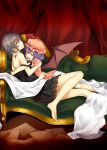  &gt;:d 2girls :d absurdres alternate_costume bat_wings bite_mark black_dress blanket blue_eyes braid couch dress fang highres hug izayoi_sakuya lio_(rumei2265874644) mob_cap multiple_girls open_mouth purple_hair red_eyes remilia_scarlet short_hair silver_hair single_braid sitting slit_pupils smile touhou vampire wavy_mouth wings 