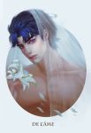  1boy blue_eyes blue_hair flower french highres jojo_no_kimyou_na_bouken jonathan_joestar lily_(flower) misaki03011992 realistic solo veil 