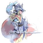  1girl armor belt black_eyes blonde_hair cape character_request copyright_request feathers gauntlets helmet holding_sword holding_weapon knight long_hair matsuda_(matsukichi) plume profile solo sword weapon 