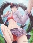  1girl absurdres alternate_hair_length alternate_hairstyle black_hair bra breasts cleavage fighting_stance highres jacket ling_xiaoyu long_hair makatags open_clothes open_jacket panties pantyshot solo tekken twintails underwear upskirt very_long_hair 