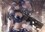  1girl alternate_costume black_hair blue_clothes blue_eyes blue_skirt breasts caitlyn_(league_of_legends) cleavage cropped_jacket danann fingerless_gloves gloves gun hat indoors league_of_legends lips long_hair looking_at_viewer midriff miniskirt over_shoulder petals pleated_skirt police police_hat police_uniform policewoman puffy_short_sleeves puffy_sleeves rifle short_sleeves skirt solo uniform weapon weapon_over_shoulder 