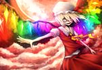  1girl blonde_hair clouds constricted_pupils crazy_eyes crazy_smile crystal fangs flandre_scarlet full_moon glowing h2c hat highres moon necktie night outstretched_arm red_clouds red_eyes red_moon short_hair side_ponytail skirt sky solo touhou wings 