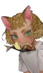  1girl absurdres animal_ears bangs barbell_piercing blonde_hair cat_ears cat_girl ear_piercing fish_(food) food food_in_mouth fruit green_eyes highres korean_commentary lemon lemon_slice looking_at_viewer mouth_hold notched_ear original piercing shirt short_eyebrows short_hair simple_background slit_pupils solo t-shirt tto_ja upper_body white_background white_shirt 