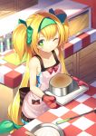  1girl ;d apron blazblue blonde_hair bow casual green_eyes gurasion_(gurasion) hair_bow hair_ribbon hairband long_hair looking_at_viewer mittens one_eye_closed open_mouth platinum_the_trinity ribbon smile solo two_side_up 