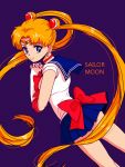  1girl bishoujo_senshi_sailor_moon blonde_hair blue_background blue_eyes blue_skirt character_name choker circlet double_bun elbow_gloves gloves hair_ornament hands_clasped kumakichi_(mnk) long_hair sailor_collar sailor_moon simple_background skirt solo tsukino_usagi twintails very_long_hair 