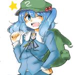  10eki_(tenchou) 1girl backpack bag blue_eyes blue_hair blue_shirt hair_bobbles hair_ornament hand_on_hip hat kawashiro_nitori key looking_at_viewer one_eye_closed open_mouth pointing pointing_at_self short_hair short_twintails solo touhou twintails 