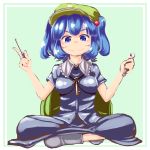  1girl backpack bag blue_eyes blue_hair blush blush_stickers boots dress hair_bobbles hair_ornament hat indian_style kawashiro_nitori key kys_(k-k2) rubber_boots screwdriver short_hair short_sleeves short_twintails sitting skirt skirt_set solo standing touhou twintails wrench 