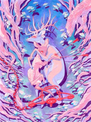  animal animal_focus antlers arrow_(projectile) arrow_in_body bear_trap blue_background bright_pupils chain closed_eyes closed_mouth colored_eyelashes commentary deer english_commentary fawn feathers fleebites full_body furrowed_brow highres horns hug injury leaf lying no_humans on_ground on_side original pastel_colors pink_fur plant plant_roots purple_background purple_fur red_eyes red_feathers symbolism traditional_media trapped tree white_pupils 