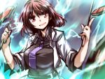  1girl drumsticks hemogurobin_a1c horikawa_raiko large_breasts necktie open_mouth red_eyes redhead short_hair solo sparks touhou 