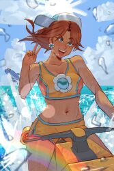  1girl absurdres blue_eyes breasts brown_hair dark-skinned_female dark_skin dedhed_art dolphin_(super_mario_world) earrings flower_earrings funky_dorrie hat highres jet_ski jewelry long_hair mario_kart mario_kart_world midriff navel official_alternate_costume open_mouth orange_sports_bra princess_daisy princess_daisy_(swimwear)_(mario_kart_world) shorts smile solo splashing sports_bra super_mario_bros. teeth upper_teeth_only v water watercraft white_hat yellow_shorts yellow_sports_bra 
