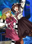  2girls blonde_hair bow brown_hair dress film_strip hair_bow hat highres holding_hands maribel_hearn multiple_girls necktie open_mouth red_eyes ribbon short_hair shrine skirt sky smile star_(sky) starry_sky touhou usami_renko vegas_(akg) violet_eyes water 