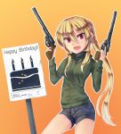  birthday_cake blonde_hair bullet_hole cake denim denim_shorts dreadtie dual_wielding fang food gun happy_birthday highres hoodie jessica_jefferson long_hair original payot ponytail red_eyes s&amp;w_model_29 shorts sign turtleneck very_long_hair weapon 