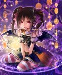  1girl black_hair bow costume halloween headphones horns looking_at_viewer love_live!_school_idol_project microphone navel open_mouth red_eyes short_hair short_twintails skirt solo striped striped_legwear tail thigh-highs trick_or_treat twintails wings yazawa_nico yukinokoe 