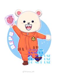  1boy arm_up bear_boy bepo black_eyes blush brown_shoes character_name chibi chibi_only full_body furry furry_male heart_(organ) highres holding_organ jumpsuit long_sleeves looking_at_viewer male_focus one_piece open_mouth orange_jumpsuit sharp_teeth shoes simple_background solo teeth vamos_mk 