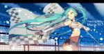  1girl aqua_eyes aqua_hair breasts character_name cleavage confetti flag hair_ornament hatsune_miku holding long_hair lvans navel solo twintails vocaloid wind 