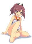  1girl barefoot blush brown_eyes brown_hair i-401_(kantai_collection) kantai_collection looking_at_viewer massala one-piece_swimsuit open_mouth ponytail sailor_collar school_swimsuit school_uniform short_hair short_ponytail smile solo swimsuit 