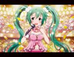 1girl blush bowtie character_name chocolat concert confetti earrings green_hair hatsune_miku jewelry letterboxed long_hair microphone navel necklace open_mouth ring singing solo stage_lights twintails very_long_hair vocaloid 