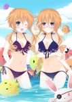  3girls ;d bikini blue_bikini blue_eyes blush breasts brown_hair cleavage date_a_live front-tie_bikini front-tie_top frown full-face_blush itsuka_kotori long_hair multiple_girls octopus one_eye_closed open_mouth payot purple_bikini rabbit side-tie_bikini smile swimsuit symbol-shaped_pupils tagme tsukaze twintails yoshinon 