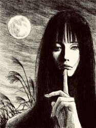  1girl black_hair full_moon greyscale highres index_finger_raised long_hair looking_at_viewer monochrome moon night night_sky original partially_shaded_face plant reeds sky solo tp_p_pt 