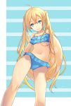  1girl ahoge arm_behind_back blonde_hair blue_eyes carrying frilled_swimsuit frills from_below highres innertube lio_(rumei2265874644) long_hair looking_at_viewer navel original solo swimsuit twintails 