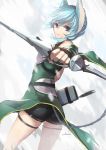  1girl animal_ears arrow blue_eyes blue_hair bow_(weapon) cat_ears highres legs looking_at_viewer quiver shinon_(sao-alo) short_hair shorts signature sketch solo swd3e2 sword_art_online thigh_strap weapon 