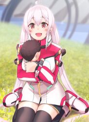  1girl ahoge baby black_shorts black_thighhighs haruichi_(komikal) highres holding_baby jacket long_hair long_sleeves looking_at_viewer matoi_(pso2) multicolored_jacket on_grass open_mouth phantasy_star phantasy_star_online_2 red_eyes red_jacket second-party_source shoes shorts thigh-highs twintails very_long_hair white_jacket white_shoes 
