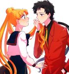  1boy 1girl bishoujo_senshi_sailor_moon black_hair blonde_hair blush formal hair_grab hair_kiss hand_in_pocket kumakichi_(mnk) long_hair long_sleeves necktie ponytail profile puffy_long_sleeves puffy_sleeves school_uniform seiya_kou serafuku side suit surprised tsukino_usagi white_background 