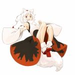  1girl animal_ears bare_shoulders breasts geta hat inubashiri_momiji kokutei_n long_sleeves looking_at_viewer open_mouth pom_pom_(clothes) red_eyes short_hair silver_hair simple_background solo tail tokin_hat touhou white_background wolf_ears wolf_tail 