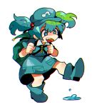  1girl :d backpack bag blue_eyes boots damenaito dress full_body green_hair hair_bobbles hair_ornament hat kawashiro_nitori key lowres open_mouth puddle puffy_short_sleeves puffy_sleeves rubber_boots shirt short_hair short_sleeves short_twintails simple_background skirt skirt_set smile solo star star-shaped_pupils symbol-shaped_pupils touhou twintails water white_background 