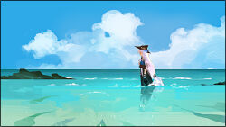  1girl arknights ascot black_gloves black_hat blue_sky clouds cowboy_shot from_side gloves grey_ascot hat highres long_hair long_sleeves ocean pointy_hat profile qingjiaokuaigengxin reflection reflective_water rock scenery skadi_(arknights) sky solo standing very_long_hair wading water waves white_hair wide_shot 